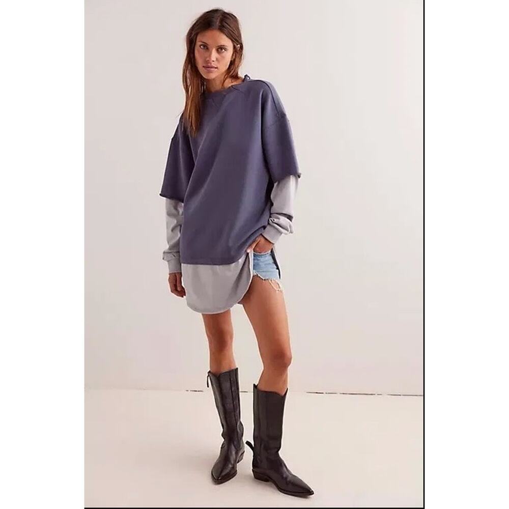 WE THE FREE Skater Boy Twofer Pullover Top Womens Blue XS Oversized 100% Cotton